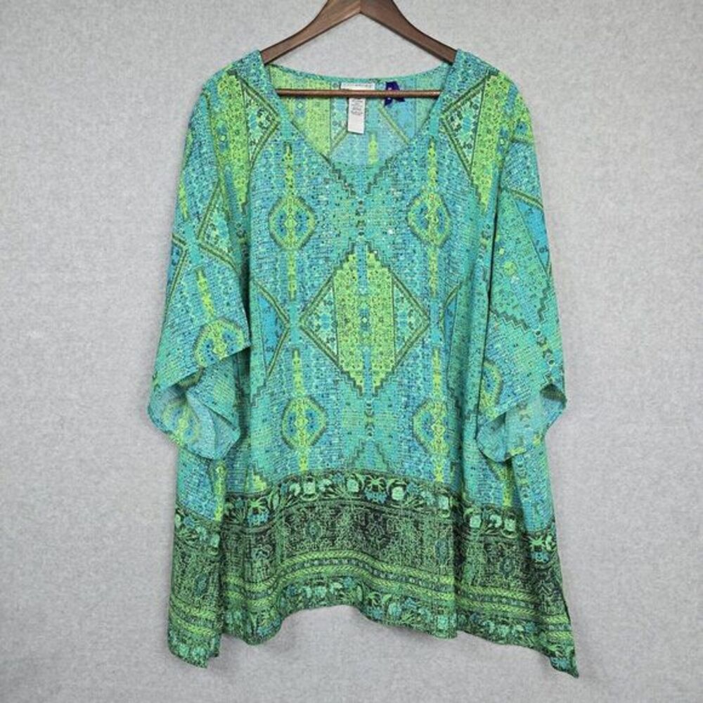 Catherines Tunic Top Women 3XWP Green Print Short Sleeve V neck Lightweight